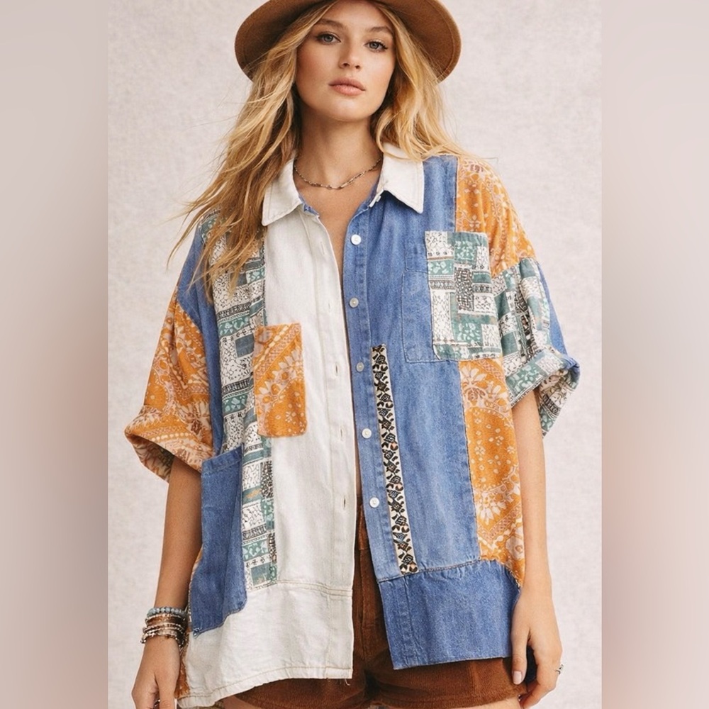 Pol Oversized Poncho Patchwork Button-Down Shirt - image 1